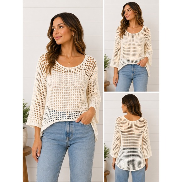 Blu Pepper Sweaters - Blu Pepper Cream Open Knit Crochet Sweater Scoop Neck High Low Boho Ivory Small
